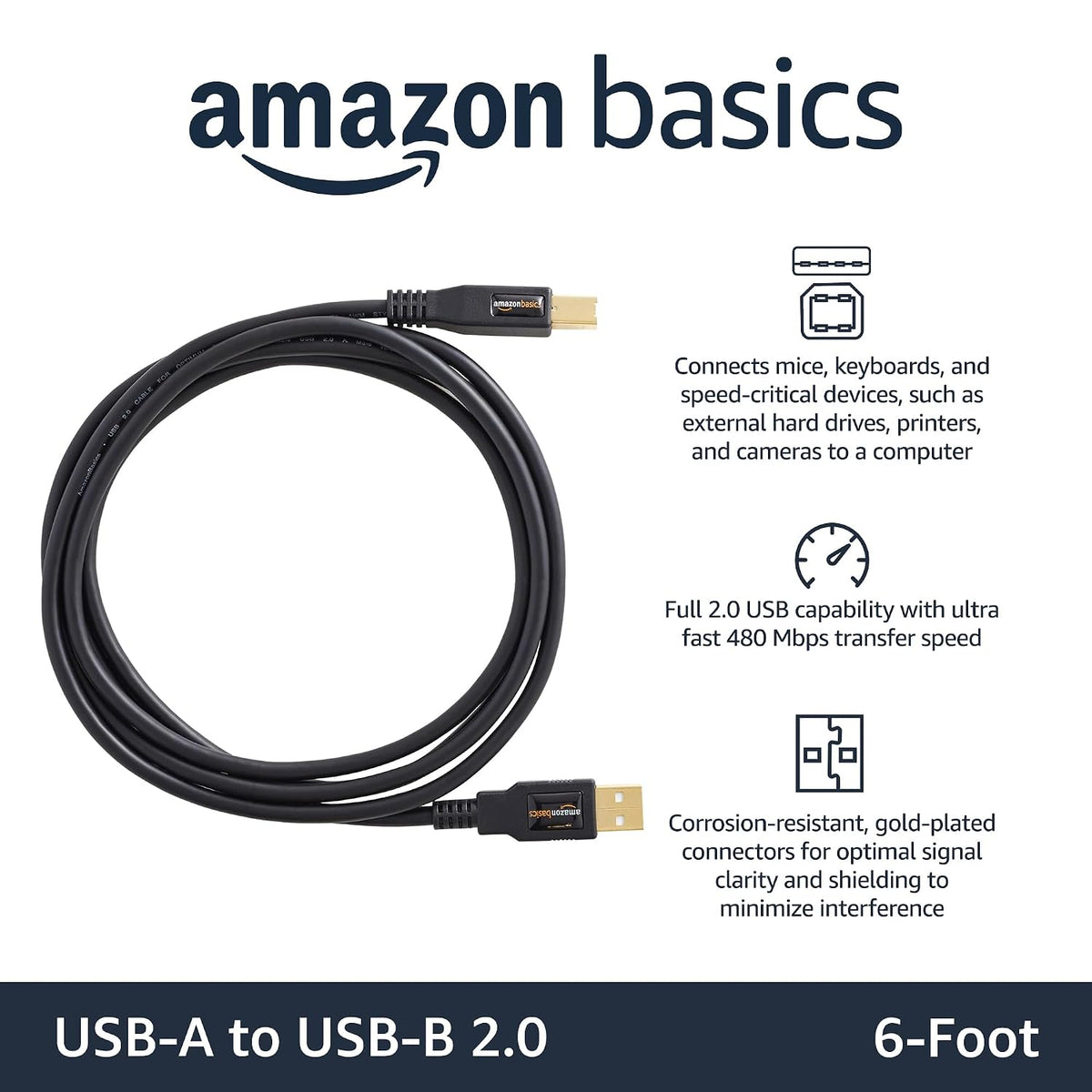 6-Foot USB 2.0 Cable, Type-A to Type-B, Ideal for Printers and External Hard Drives, 480 Mbps Transfer Speed, Gold-Plated Connectors, Black