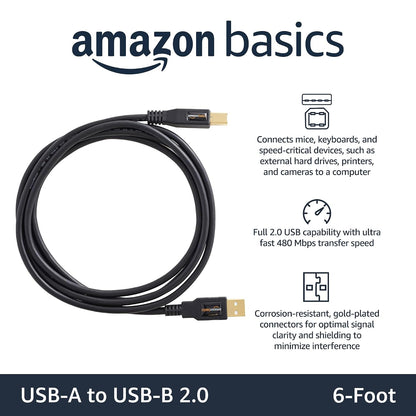 6-Foot USB 2.0 Cable, Type-A to Type-B, Ideal for Printers and External Hard Drives, 480 Mbps Transfer Speed, Gold-Plated Connectors, Black