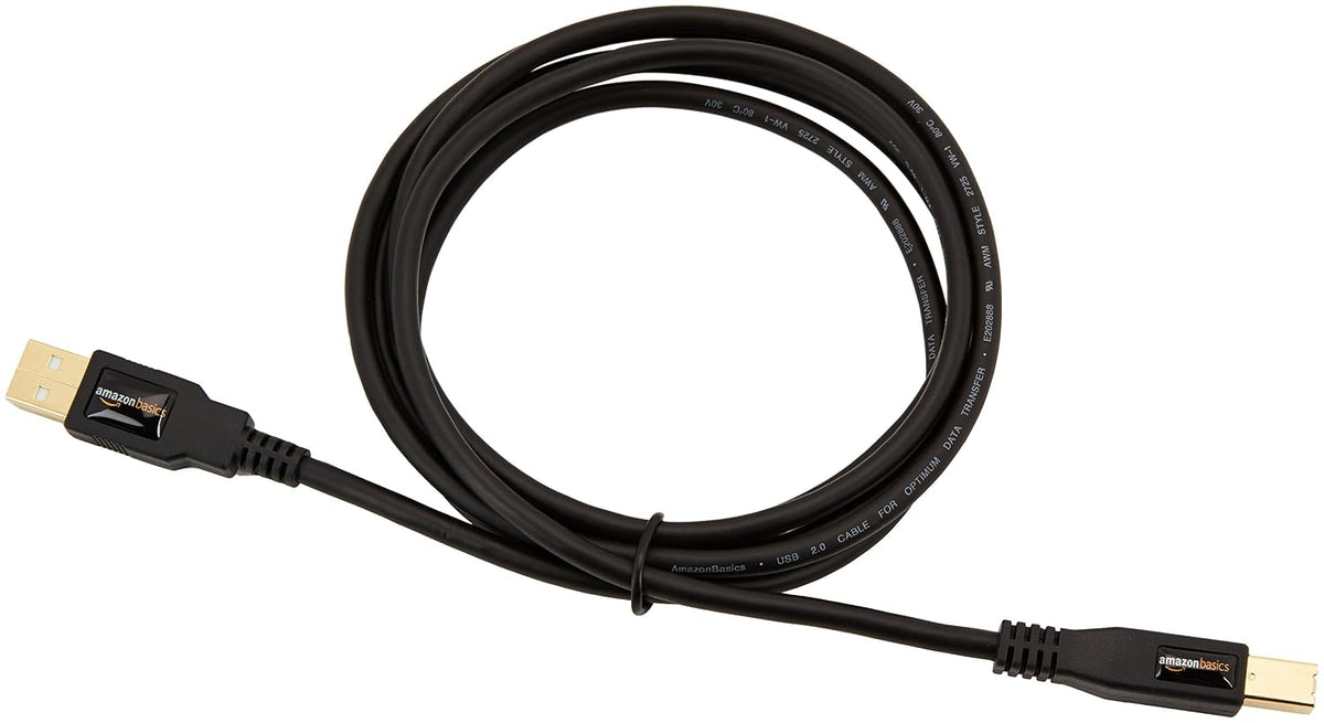 6-Foot USB 2.0 Cable, Type-A to Type-B, Ideal for Printers and External Hard Drives, 480 Mbps Transfer Speed, Gold-Plated Connectors, Black