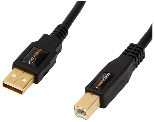 6-Foot USB 2.0 Cable, Type-A to Type-B, Ideal for Printers and External Hard Drives, 480 Mbps Transfer Speed, Gold-Plated Connectors, Black