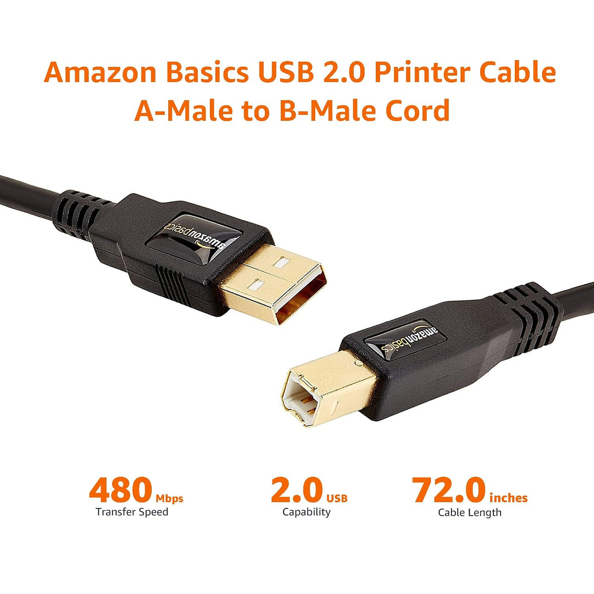 6-Foot USB 2.0 Cable, Type-A to Type-B, Ideal for Printers and External Hard Drives, 480 Mbps Transfer Speed, Gold-Plated Connectors, Black