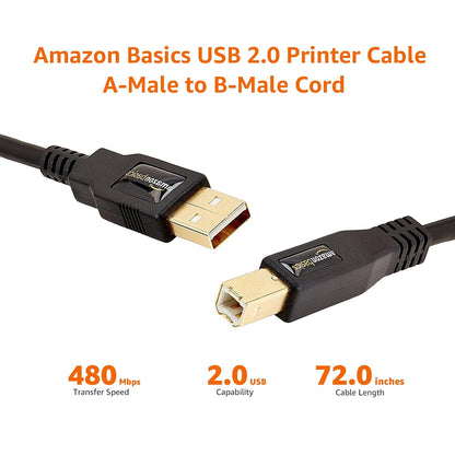 6-Foot USB 2.0 Cable, Type-A to Type-B, Ideal for Printers and External Hard Drives, 480 Mbps Transfer Speed, Gold-Plated Connectors, Black